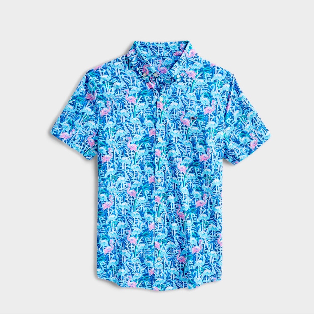 Vineyard vines Boys' Windjammer Flamingo Short-Sleeve Button-Down Shirt size XL